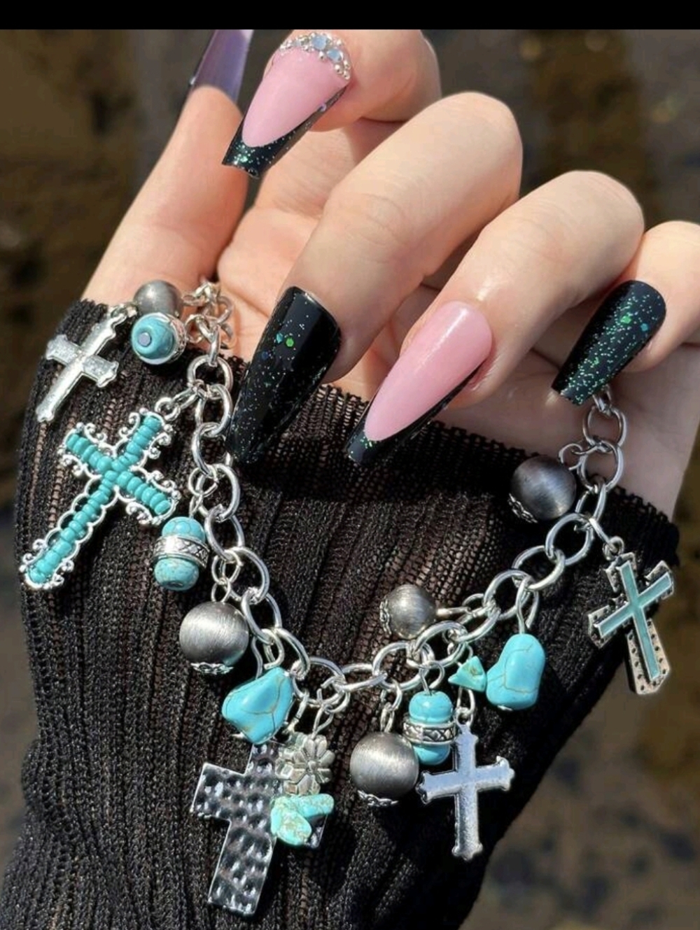 Turquoise Cross Charm Bracelet - Silver Tone Women’s Bracelet